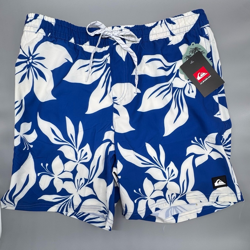 Mens Quiksilver Royal Blue Hibiscus Hawaiian Print Volley Swim Shorts Floral M L